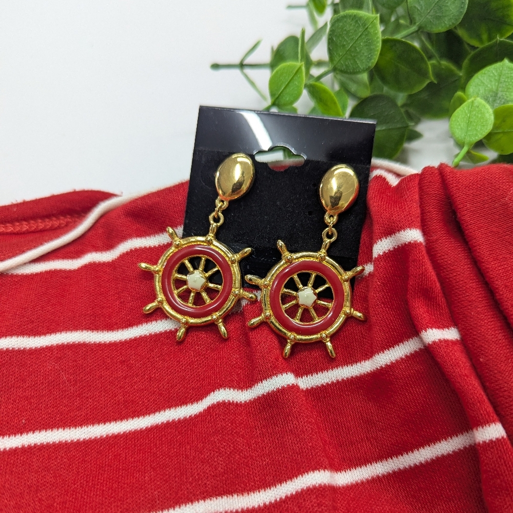 V I N T A G E:: Avon Classic Nautical Red Gold Helm Ship Wheel Earrings